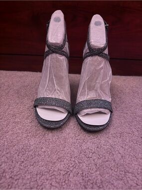 Michael Kors Glitter Strappy Open-Toe Heels in Gunmetal